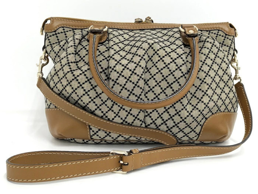Gucci Shoulder Beige Leather Canvas Brown Diamante Bag Tan Brown